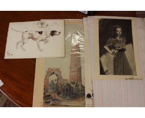 A collection of original illustrations, watercolours and cartoons, comprising a portrait of a lady by Kenneth Beauchamp (sign