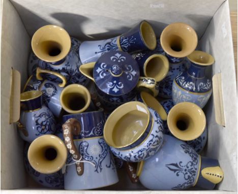 Collection of Art Nouveau Langley Ware, light and dark blue ground, beige interior