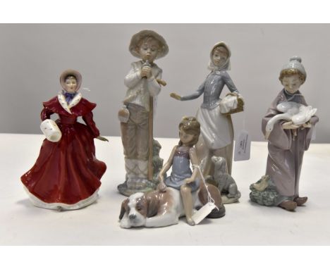 Two Lladro figures with two Nao figures and Royal Doulton figure, 'The Skater' (5)