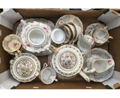 A mixed collection of two part services; early 19th Century painted, teapot, two sucres, two jugs, plates, cups and saucers (
