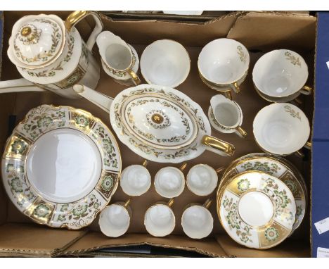 Royal Crown Derby "Green Derby Panel" part tea and coffee set, including teapot, coffee pot, cups, cans, saucers, plates, cak