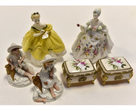 Royal Doulton 'Diana' and Royal Doulton 'Last Waltz',  two trinket boxes and two china figures a/f
