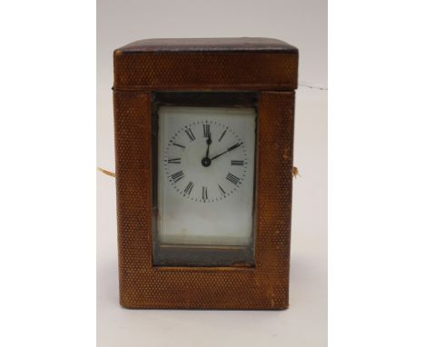 19th Century carriage clock in lizard skin carrying case, with key (AF)