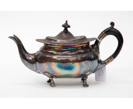 A late Victorian oval teapot, wavy rim above plain body with shell and scroll feet, ebonised handle and pagoda finial, Mappin