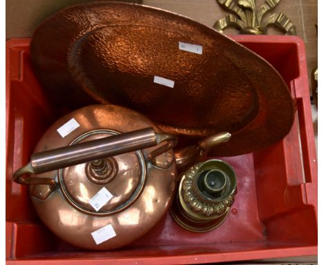 Victorian copper kettle hammered copper plate and a French single candle stick (1 box)