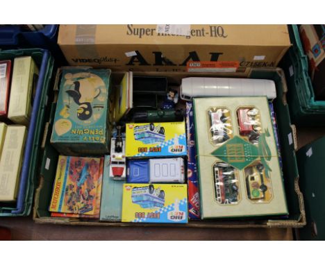 Selection of Corgi and Matchbox catalogues along with two Lledo gift sets, Hornby loco, 3 x Busy Bus, Norev Bus etc (1 box)