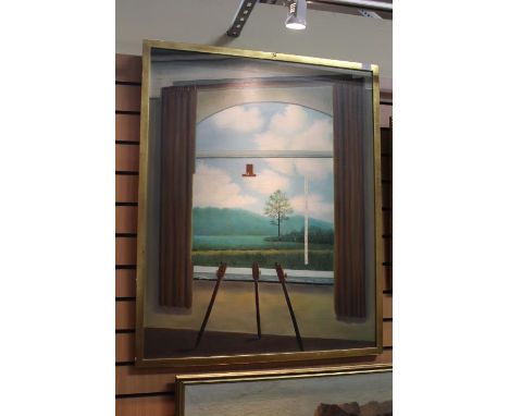 After Rene Magritte (1897-1967), a surrealist untitled composition with easel in an open window with landscape, oil on canvas