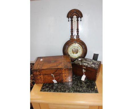 Rosewood tea caddy, Tonbridge work, box and a barometer