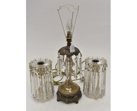Victorian clear glass and gilt decorated brass mounted lamp with crystal pendants together with pair of matching lustres 
