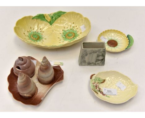A Carltonware shell cruet set, three dishes (SD) and Corn Pottery small vase 