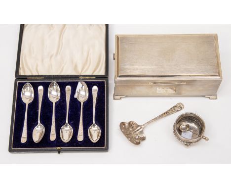Silver Birmingham 1953 engraved, engine turned cigarette box, salt pot and spoon 1890, spoon 1898 - Sheffield 1910 boxed, 6 t