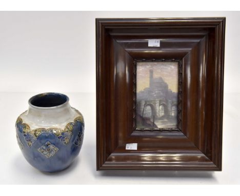 A Limoge plaque (this plaque is not made of china, it is enamel painted on copper) and a Royal Doulton vaseCondition: Plaque 