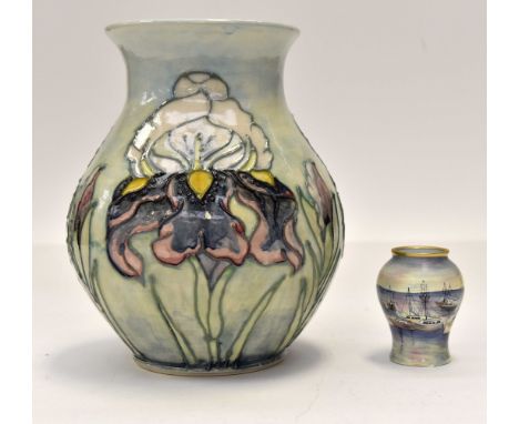 A Katherine Lloyd baluster pottery vase with Iris pattern, signature to base; together with a Moorcroft enamel miniature vase