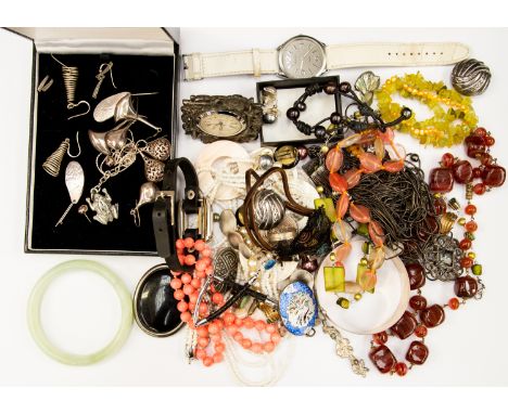A jade bracelet with assorted white metal, costume jewellery, etc (one box)