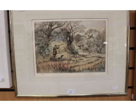 Henry Wilkinson (1921-2011), shooting scene with Springer Spaniel, signed and numbered 83/150, etching, framed, 27 cms by 36 