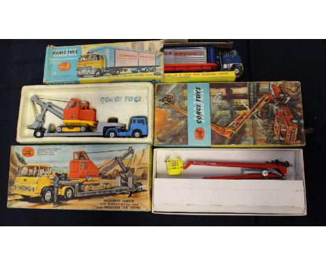 Corgi Machinery carrier, Simon Snorkel fire engine, Ford tilt cab, all boxed with playwear