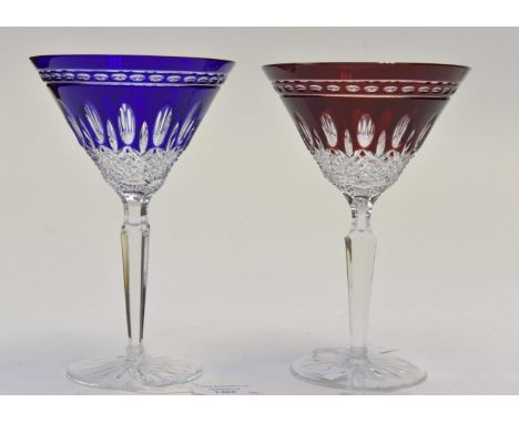 Two Waterford crystal cut glass ruby and Bristol Blue champagne glasses (2)