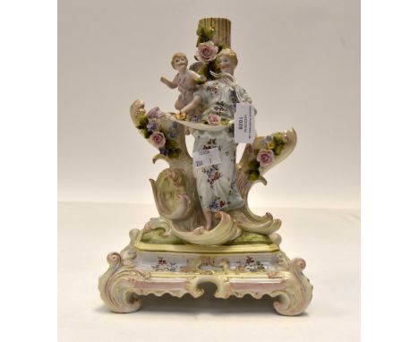 Continental Meissen style part candelabra with Venus and Cupid standing amongst floral decoration