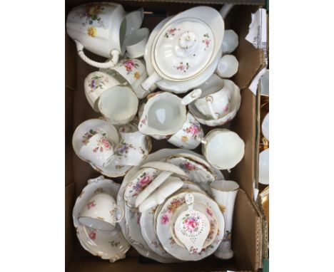 Royal Crown Derby "Posies" pattern part tea service; teapot, hot water pot, milks, cake plates, etc - including Pinxton Roses