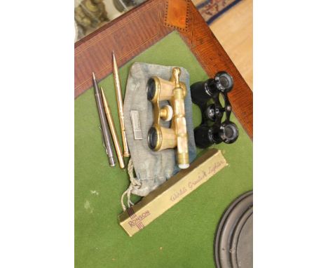 Silver mounted pencil and refill, gold plated and another, Ronson pan lighter and two pairs of opera glasses 