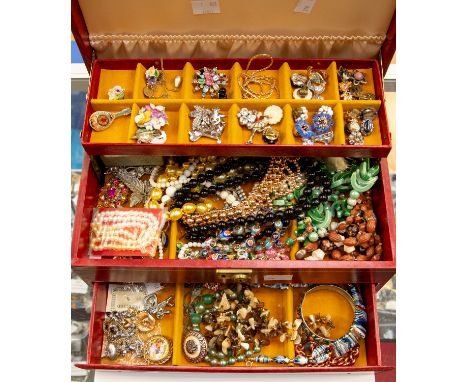 A collection of costume jewellery to include a 9ct gold charm bracelet with bean, shoe, wishbone and St Christopher charms, w