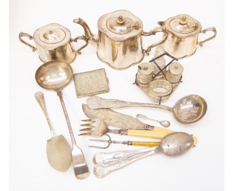 A three piece 20th Century tea service (ILVA service) a four piece cruet on stand, EPNS, cut glass cigarette case, two EPNS l