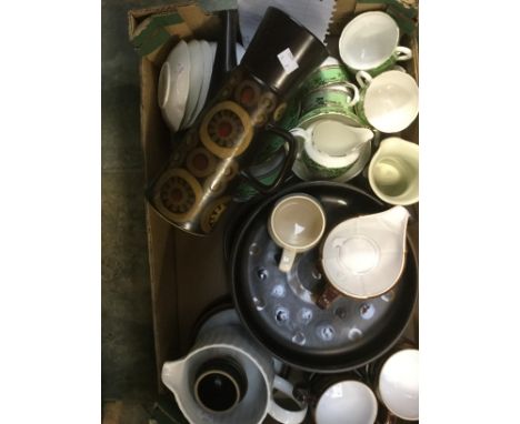 Denby dark brown Studio Pottery tall coffee pot, with fruit bowl and serving dish, and cups and saucers, Salisbury china, gre