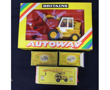 Britains JCB loadall along with Matchbox Bugatti, Shand Mason, and Jumbo crane