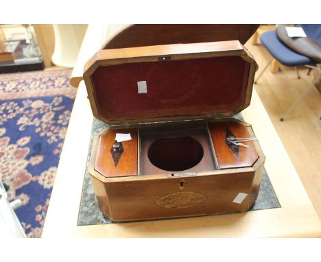 A 19th century tea caddy with inlaid shell and bird cartouches with inner lids intact, missing mixing bowl, a/f 