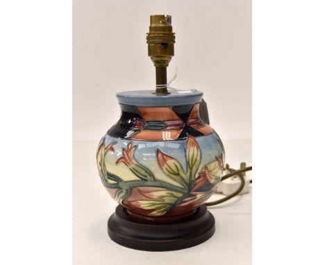 Modern Moorcroft floral tube lined pastel coloured small table lamp, no shade, approx 26cms high