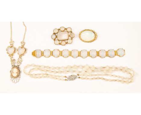 Opal glass vintage bead necklace, gilt metal bracelet, and brooch, gilt metal agate brooch and a cameo necklace (1 bag)