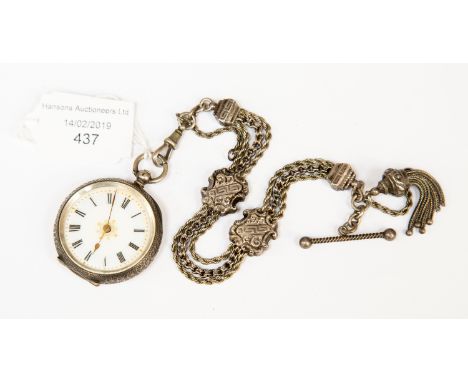 Silver ladies pocket watch, Ford &amp; Galloway, Birmingham, enamel dial with gilt decoration, Roman numerals, dial diameter 