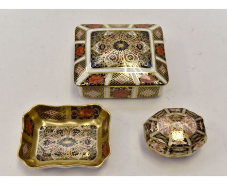 Royal Crown Derby trinket lidded box and pin tray both 1128 and a small octagonal shaped lidded trinket box (3)