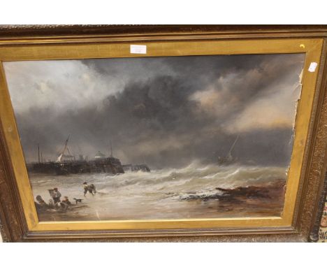 Follower of Thomas Bush Hardy, a stormy seascape with figures on beach in foreground, watercolour, gilt frame, 54cm by 75cm