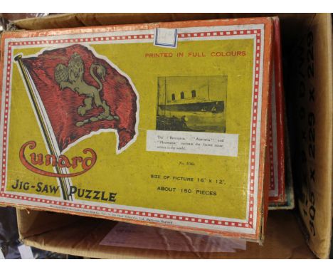 Five wooden jig-saws, Chad Valley, Sarcas, Victory, Zig Zag, including R.M.S. Mauretania and Golden Arrow, the Chad Valley ma