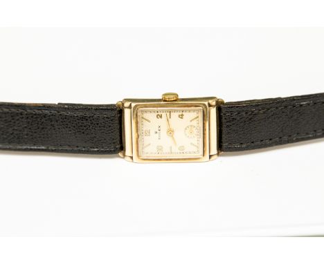Rolex, a 1930's gent's Art Deco 9ct gold Rolex wristwatch, 2cm rectangular champagne dial with subsidiary seconds dial, Super
