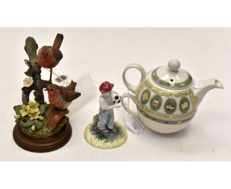 An Arthur Wood teapot/cup boxed, Country artists, "Robin" group (3) and a Royal Doulton figurine of small boy with football (