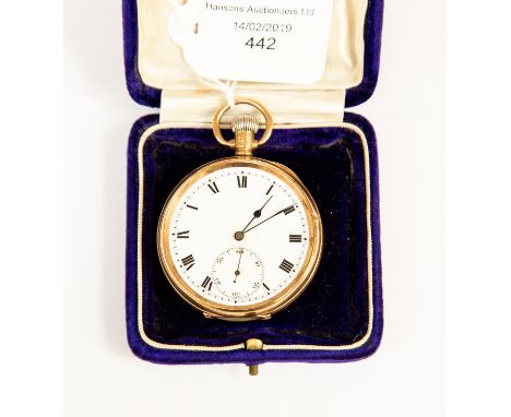 A 9ct gold pocket watch, white enamel dial, Roman numerals and subsidiary dial, diameter approx 49mm, crown winding a/f, tota