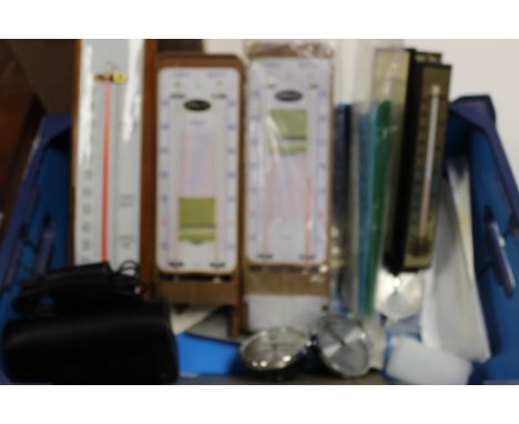 Whirling hygrometer, cased with instructions, plus UL Timeter and Marvel cased, wet and dry humidity thermometers, plus therm