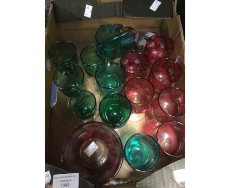Collection of 20th Century glass and bowls, ruby and green along with three paperweights