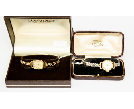 Longines vintage ladies gold plated watch, rectangular dial on rolled gold bracelet, boxed and certificate, along with a ladi
