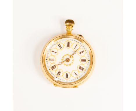 A 18k gold pocket watch, enamel dial, gilt decoration, Roman numerals, gold detail to dial, case diameter approx 32 mm, total