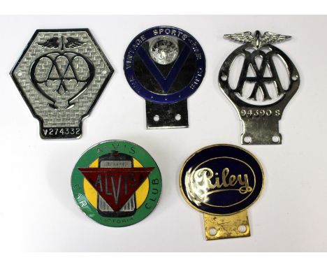 Five car badges, including AA, Alvis, Riley, The Vintage Sports Car Club etc (5)