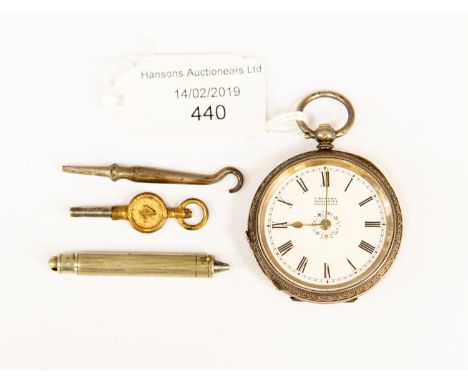 A silver ladies pocket watch, floral decoration to the dial, along with a propelling white metal pencil and hook case