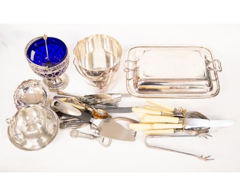 Assorted box of plated ware to include entre dish, small ice bucket and tongs, sugar basin and EPNS cutlery with bone handles