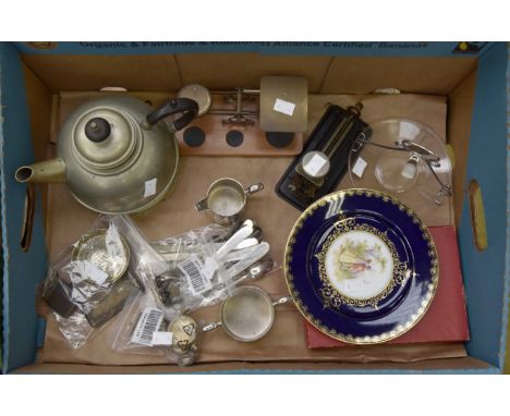 A Planet British made petrol made petrol lighter, a set of postal scales and weights, brass dish stapler, tea pot, cigarette 