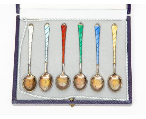 A cased set of six Danish Silver and Enamel spoons.