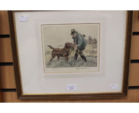 Henry Wilkinson (British, 1921-2011) retrieving pheasant, signed and numbered 38/150, etching, framed, 16 cms by 19 cms