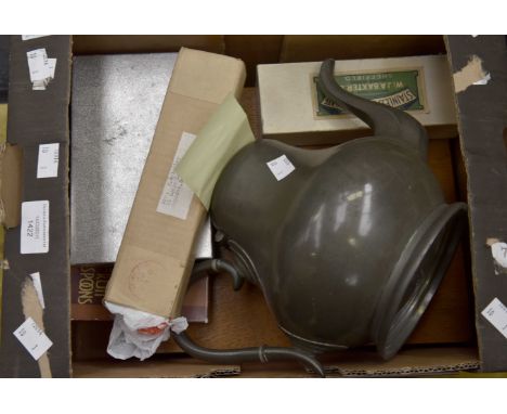Light oak small canteen of cutlery along with mid 20th Century flatware pewter tea pot made by James Dixon of Sheffield