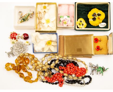 Costume jewellery to include vintage boucher rhinestone set budding flower brooch, D'Orlan enamel ladybird brooch, along with